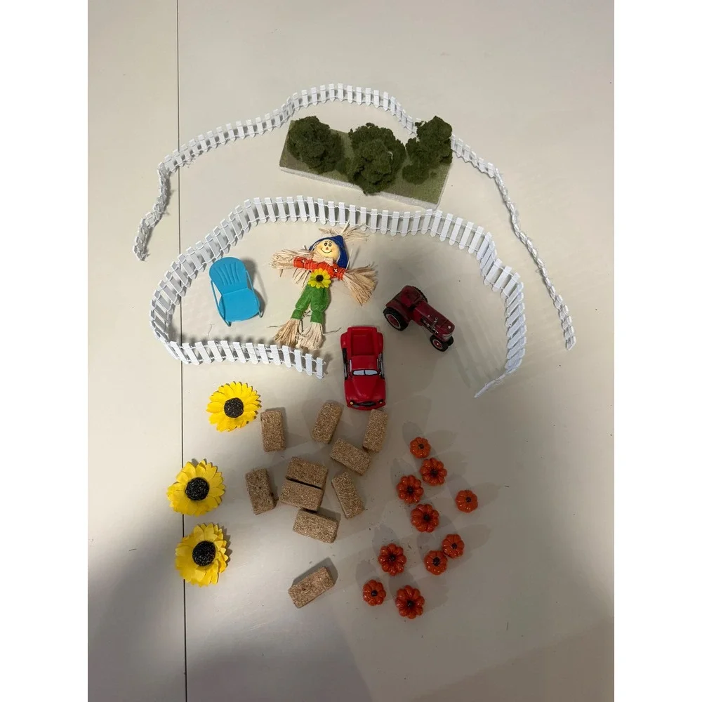 Miniature Fall Harvest Village Set Picket Fence Tractor Scarecrow Hay Bales